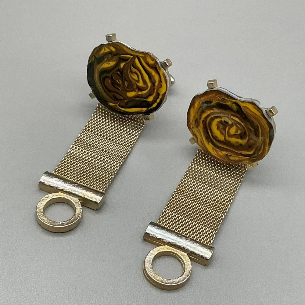 Dante Vintage Mesh Wrap Around Cufflinks Gold Tone Tiger Eye Swirl Mid Century